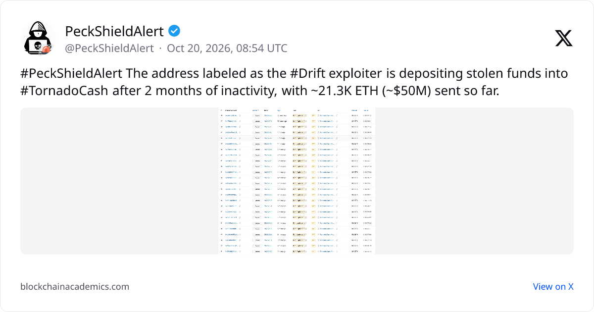 Post by @PeckShieldAlert on X: #PeckShieldAlert The address labeled as the #Drift exploiter is depositing stole